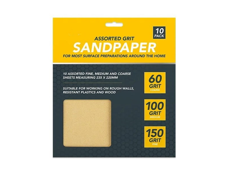 Assorted Grit Sandpaper Sheets 10 Pack Coarse Medium Fine Wood Metal Prep
