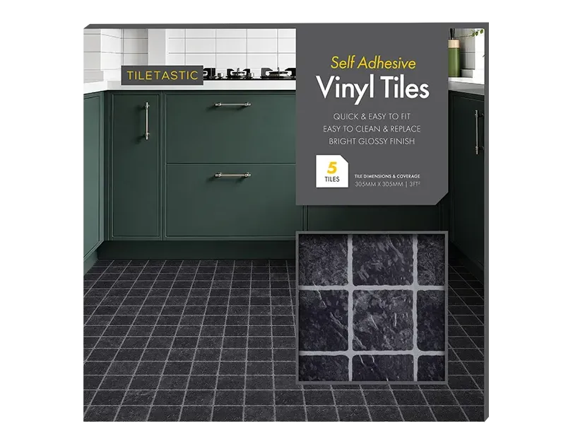 Dark Square Self Adhesive Vinyl Floor Tiles | 5 Pack Glossy Peel & Stick Floorin