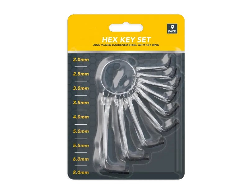 9 Pc Hex Key Allen Keys Set Metric 2mm - 8mm Zinc Plated Steel Keyring DIY Tools