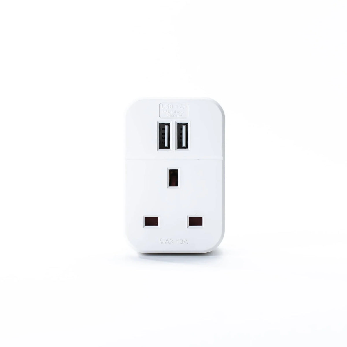 Double USB Plug Through Adaptor 13A Mains Socket Charger Dual Port White