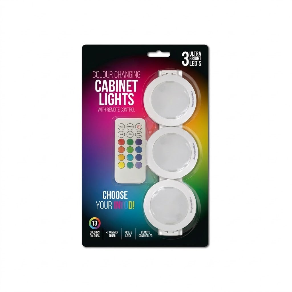 3 x LED Colour Changing Cabinet Lights Under Shelf Cupboard Puck Light Remote Control