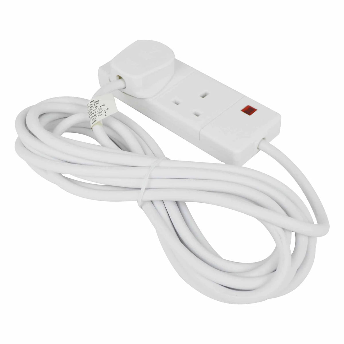 2 Way 5m Extension Lead Socket UK Mains Power Cable Gang Extension Cord White