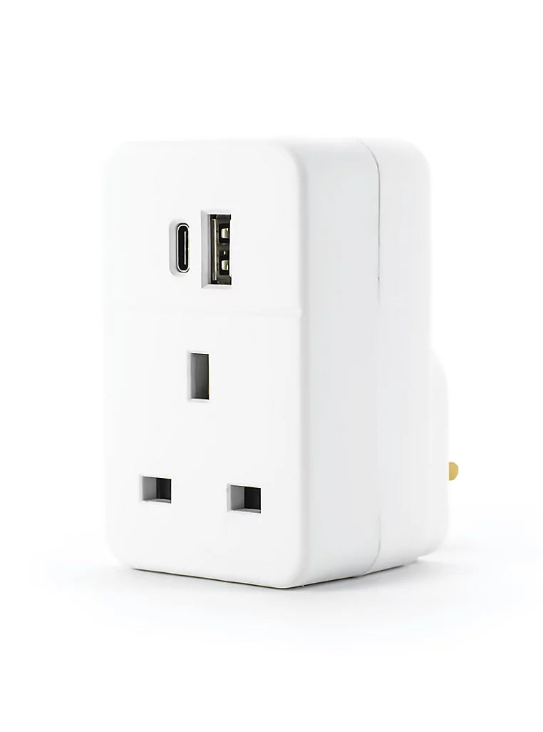 Plug Through Adapter UK Mains Socket Dual USB Charger Port USB-A & USB-C