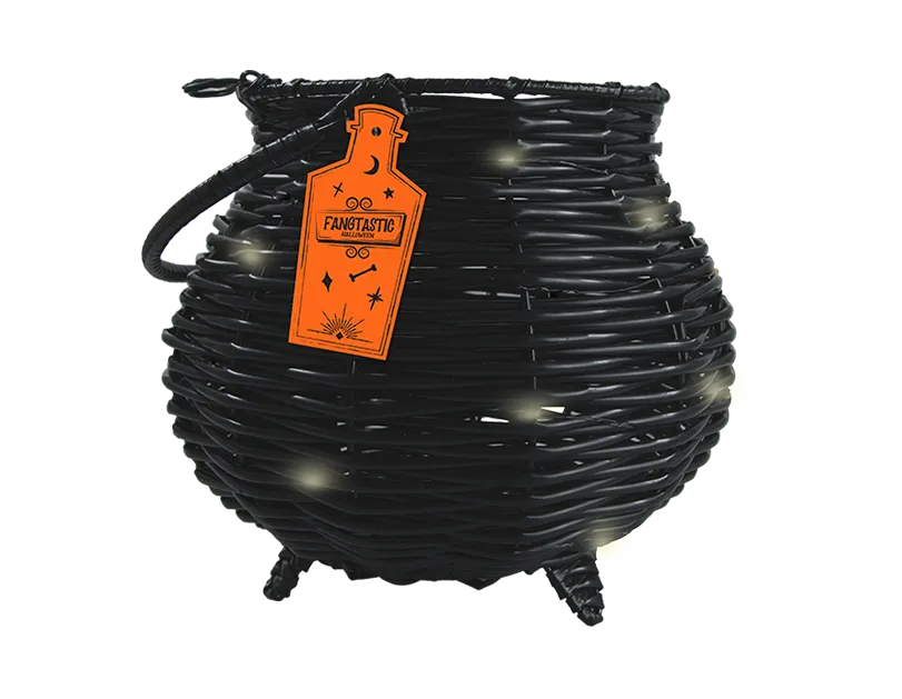 Halloween Light Up Cauldron LED Wicker Effect Kettle Prop Trick Or Treat Bucket