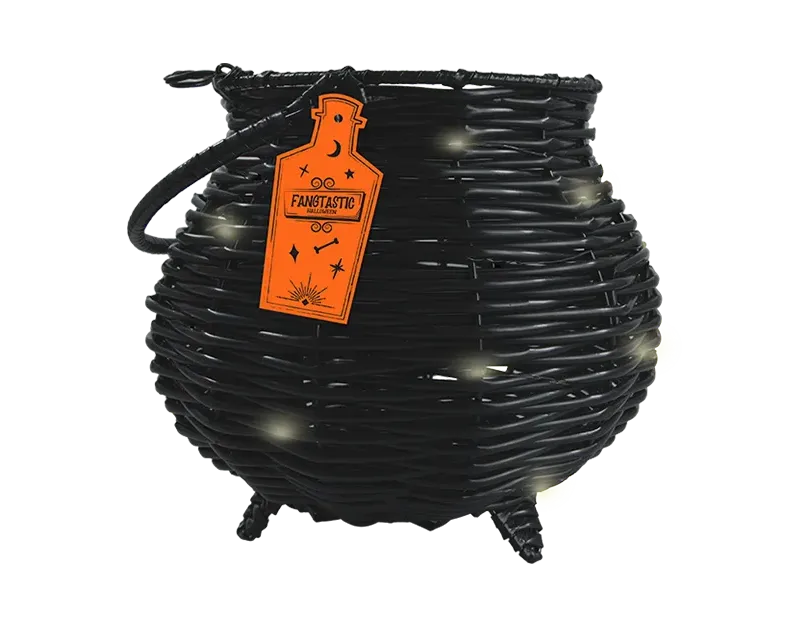 Halloween Light Up Cauldron LED Wicker Effect Kettle Prop Trick Or Treat Bucket